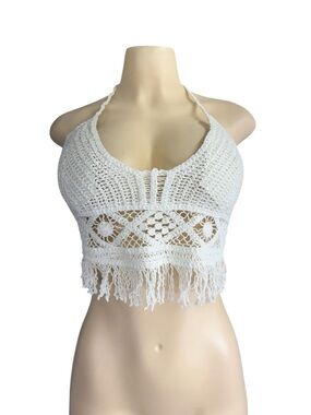 White Crochet Halter Fringe Crop Top - Boho Summer Knit